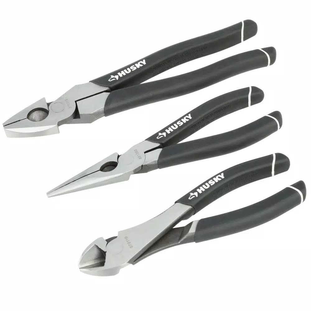 Husky 3-Piece High-Leverage Pliers Set - Diagonal, Long Nose, and Linesman Pliers