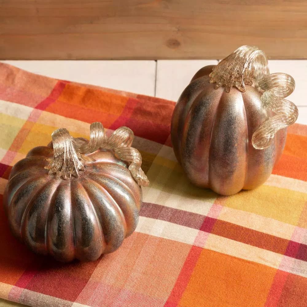 Glitzhome Blue and Gold Glittery Glass Pumpkin Decor, 5.91 in. H