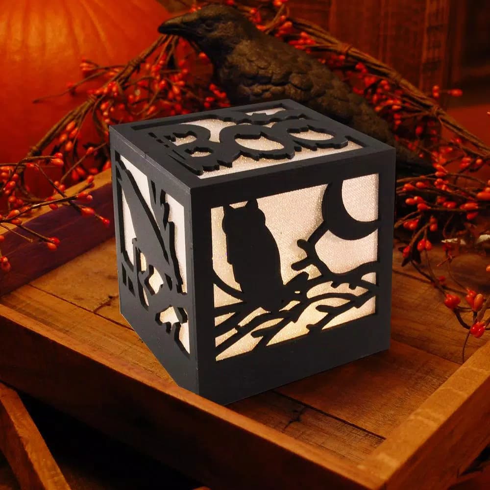 LUMABASE 4.75 in. Halloween Wooden Lantern with Multi-Orange LED Lights, Owl and Crow Design