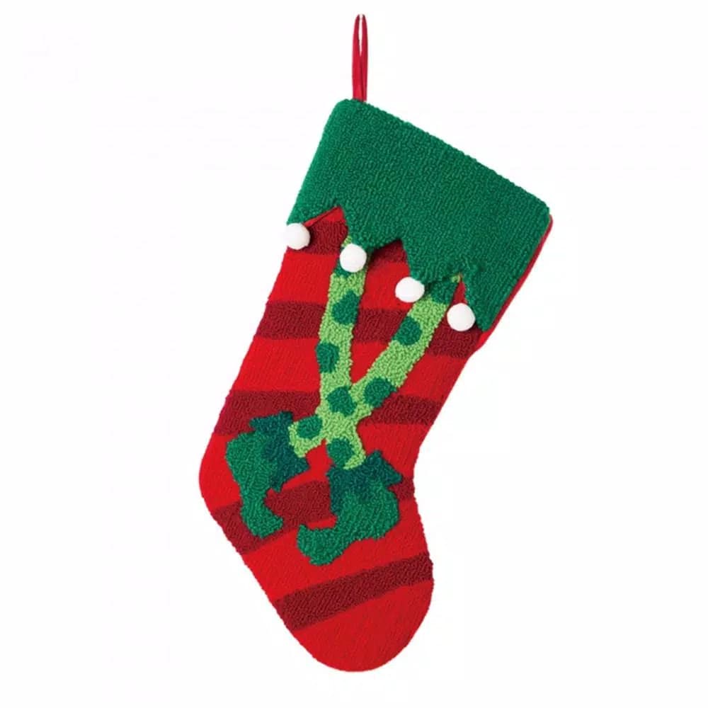 Glitzhome 8 in. Hooked Stocking with Elf Legs, Red and Green Holiday Decor