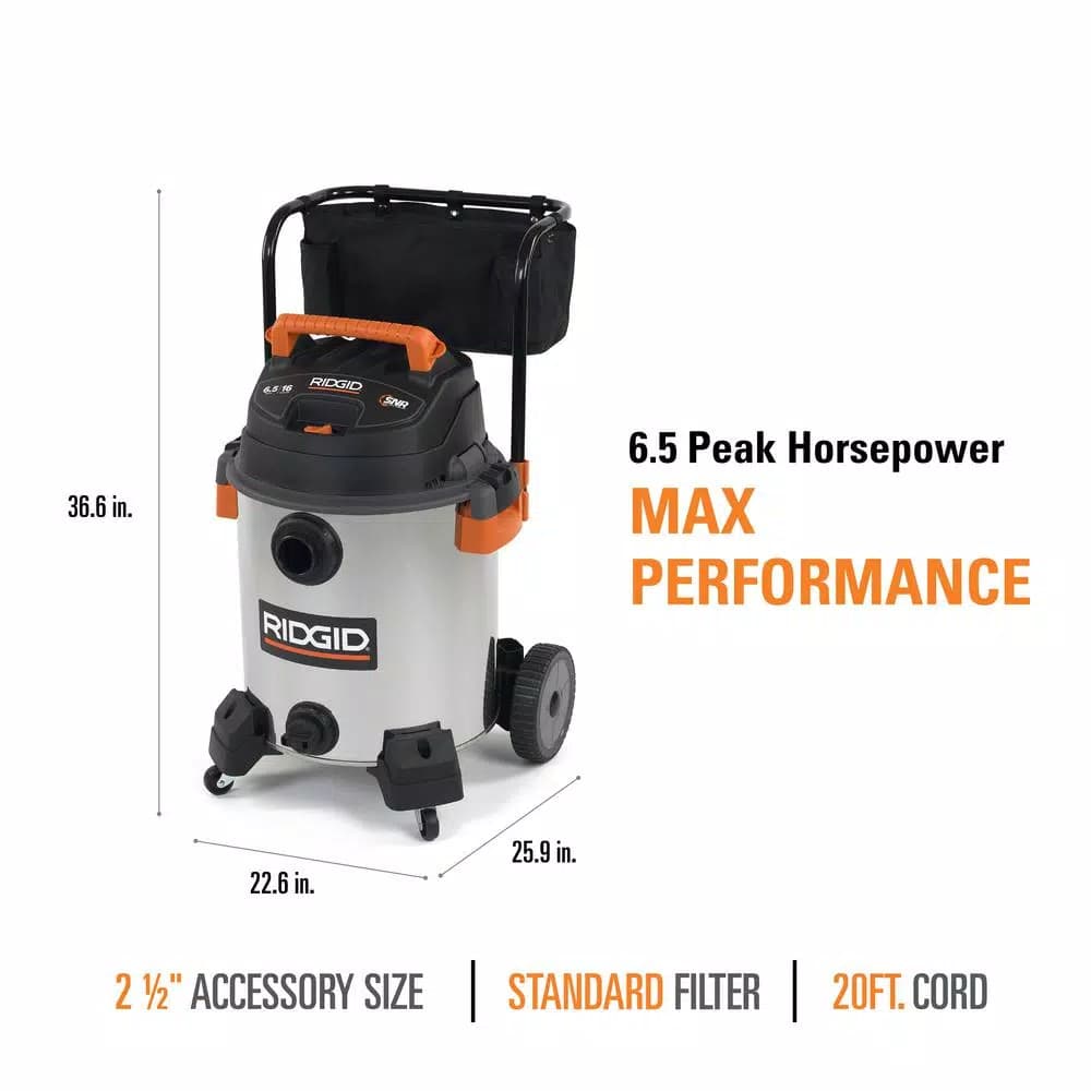 RIDGID 16 Gal. 6.5 Peak HP Stainless Steel Wet/Dry Shop Vacuum with 2.5 in. Locking Accessories