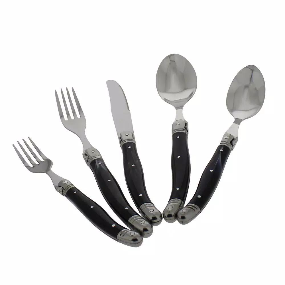 French Home Laguiole 20-Piece Stainless Steel Flatware Set with Black Faux Marble Handles, Service for 4