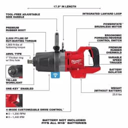 Milwaukee M18 FUEL 1 in. High Torque Impact Wrench with ONE-KEY, Brushless Cordless D-Handle (Tool-Only) thumbnail 3