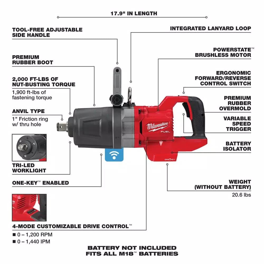 Milwaukee M18 FUEL 1 in. High Torque Impact Wrench with ONE-KEY, Brushless Cordless D-Handle (Tool-Only)