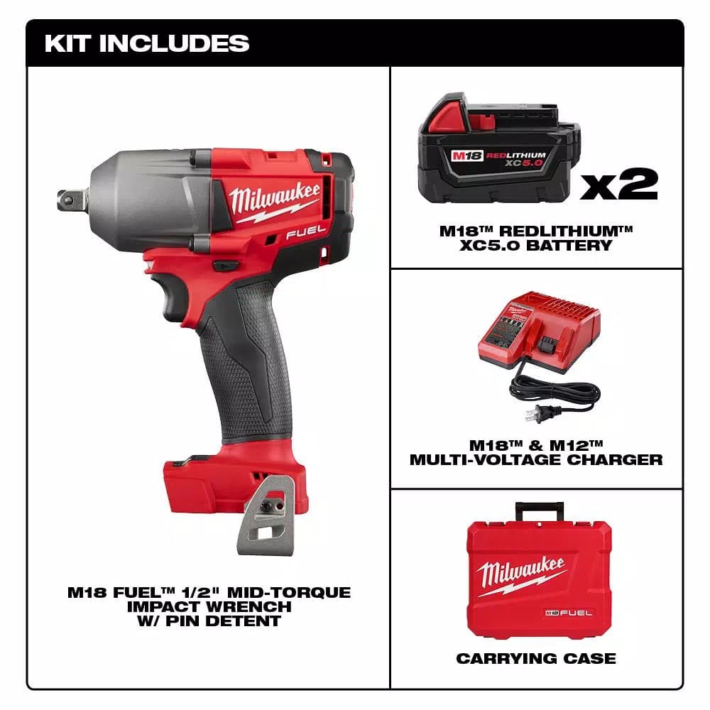 Milwaukee M18 FUEL 1/2 in. Mid-Torque Impact Wrench Kit w/ (2) 5.0 Ah Batteries & Charger