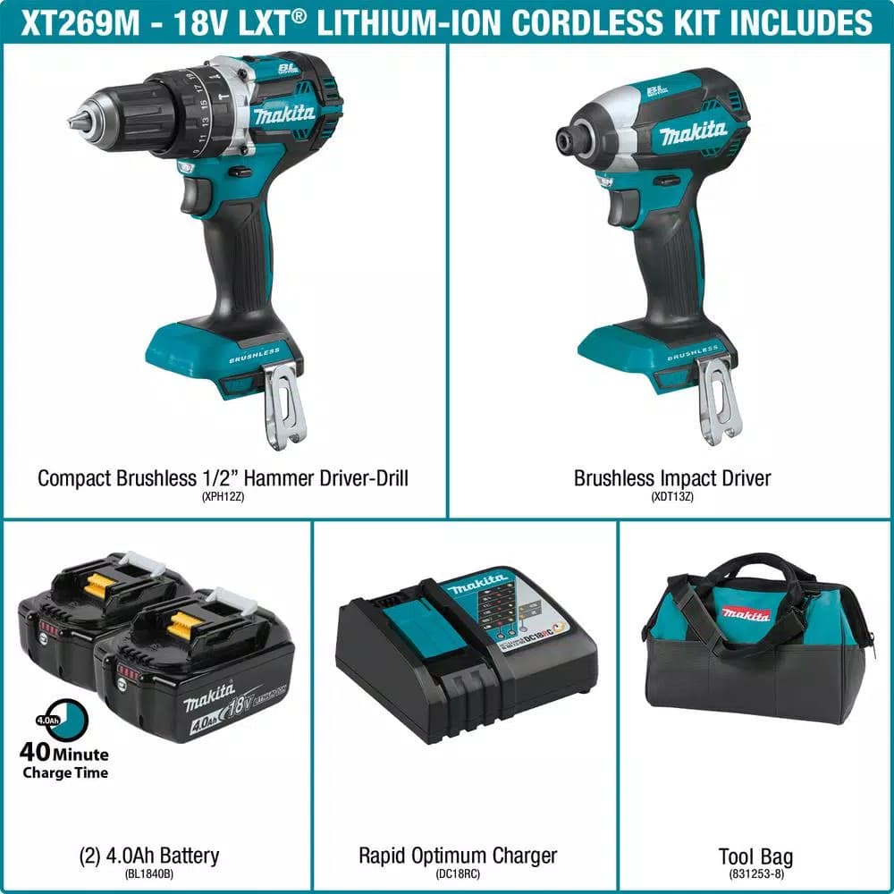Makita 18V LXT Brushless Cordless Hammer Drill and Impact Driver Combo Kit with (2) 4Ah Batteries and Charger