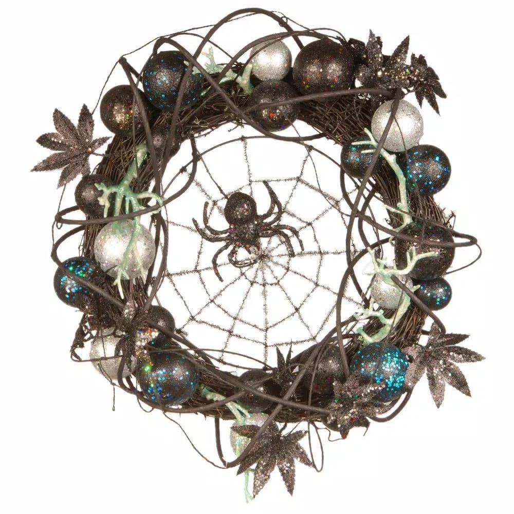 National Tree Company 18 in. Halloween Wreath with Black Spider, Web, and Silver & Black Ornaments