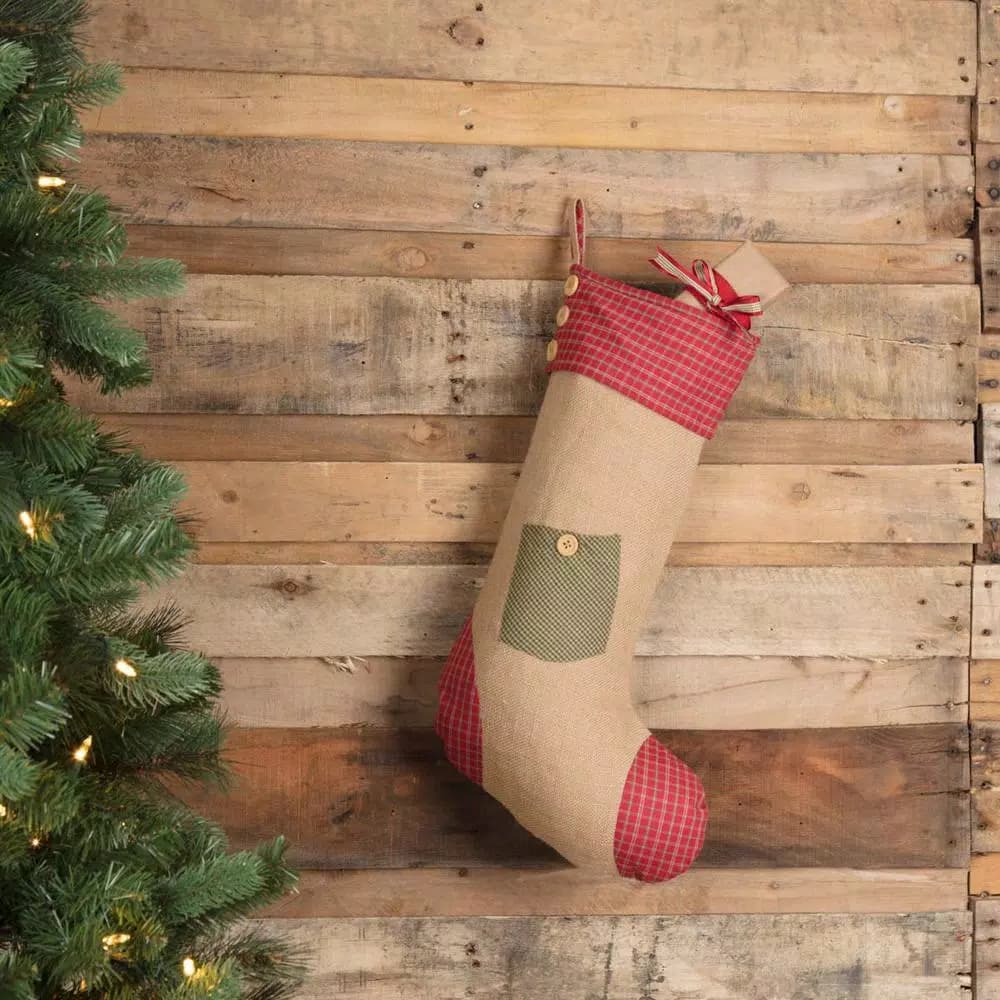VHC Brands 20 in. Primitive Green Dolly Star Cotton and Jute Pocket Christmas Stocking