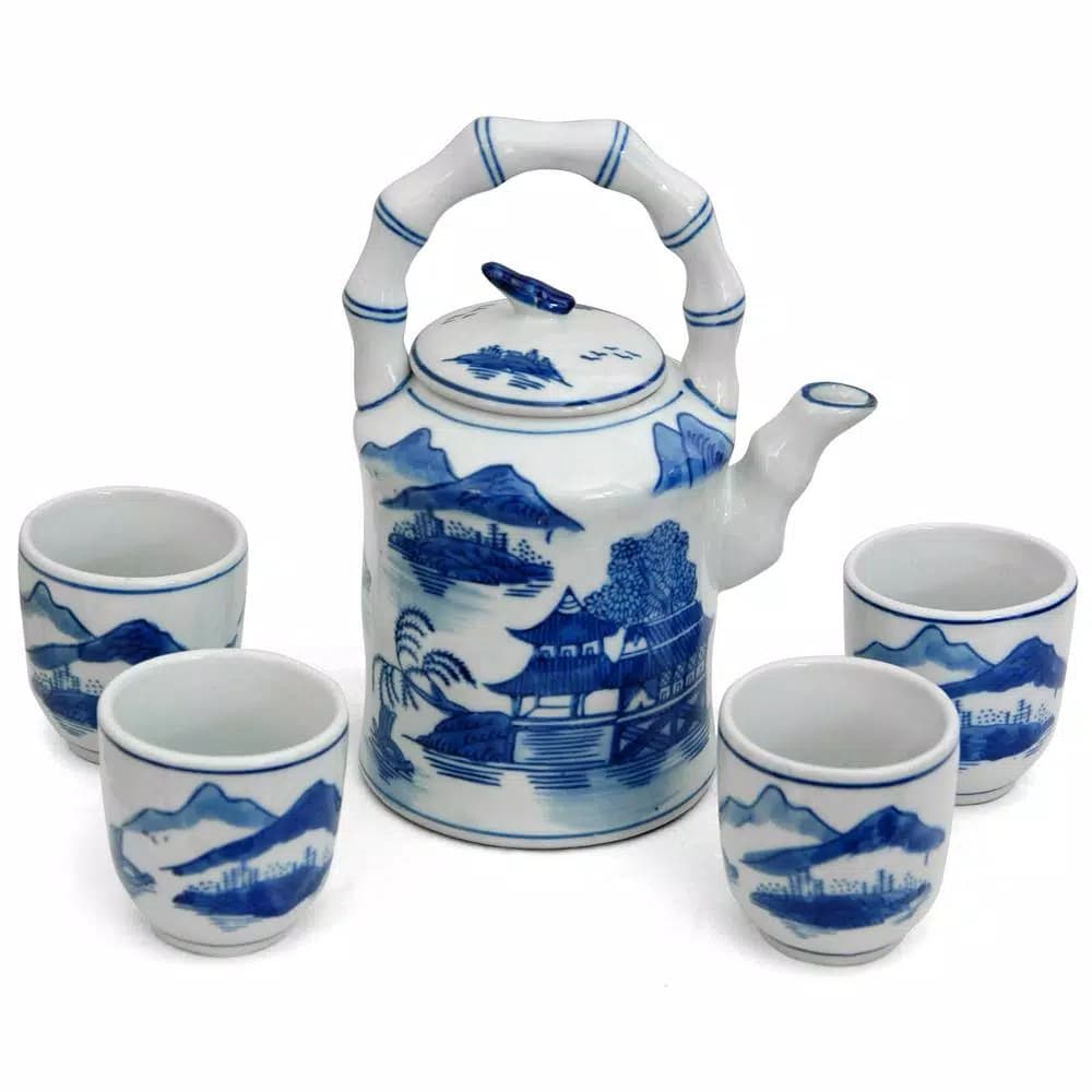 Oriental Furniture Blue and White Porcelain Tea Set with Ming Landscape Pattern
