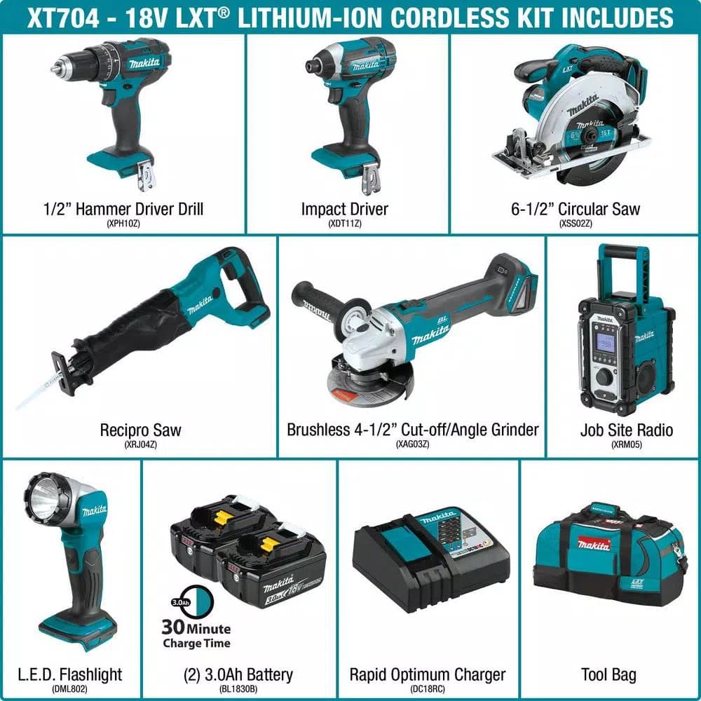 Makita 18V LXT Lithium-Ion Cordless 7-Piece Combo Kit (3.0Ah)