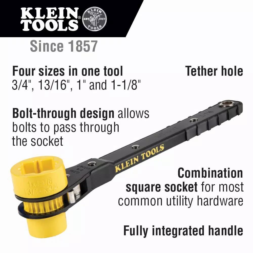 Klein Tools Ratcheting Lineman's Wrench, 4-in-1 Combination Square Socket