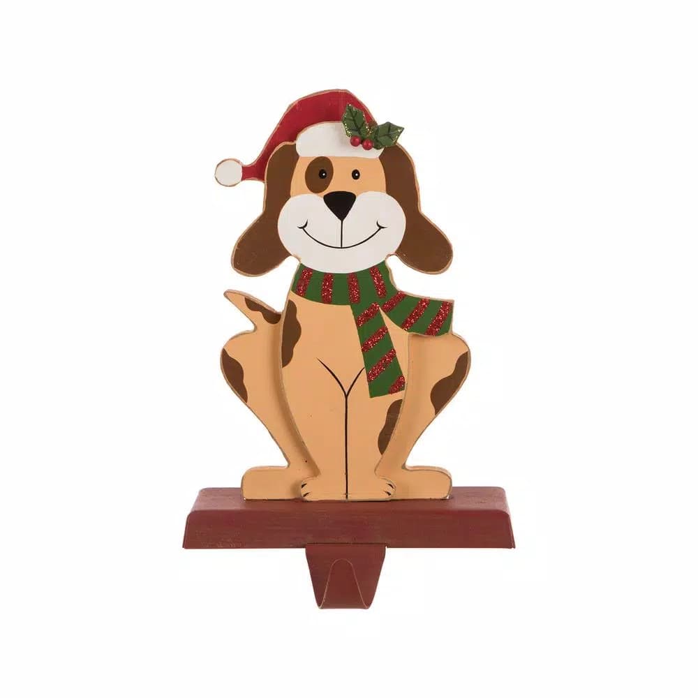 Glitzhome 7.76 in. Dog Christmas Stocking Holder - Wooden and Metal Holiday Decor