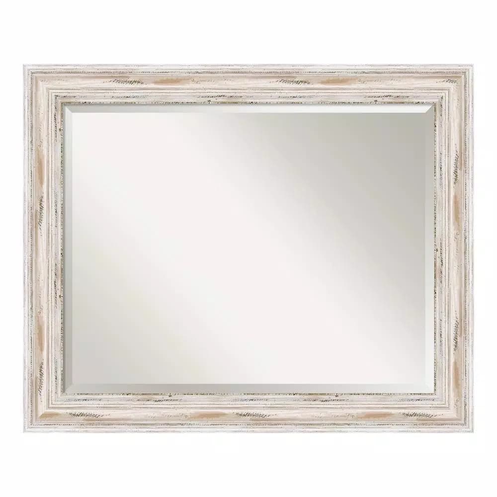 Amanti Art Alexandria 33 in. W x 27 in. H Distressed Whitewash Wood Framed Beveled Edge Bathroom Mirror