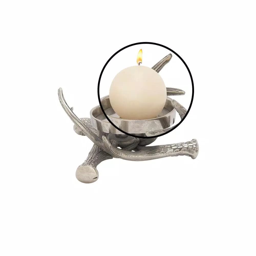 LITTON LANE 4 in. Silver Aluminum Crossed Antlers Candle Holder - Rustic Tarnished Finish