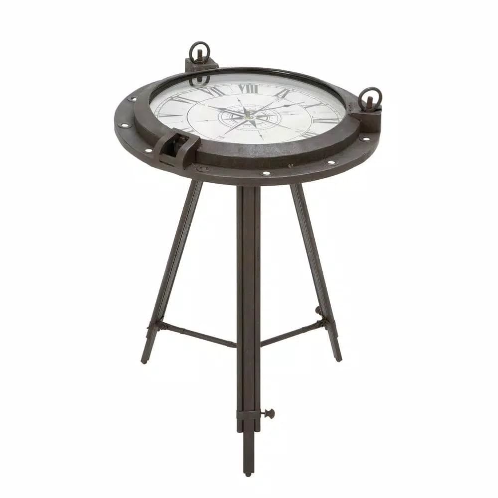 LITTON LANE 24 in. Iron Compass and Porthole Analog Clock Table, Nautical Industrial Decor