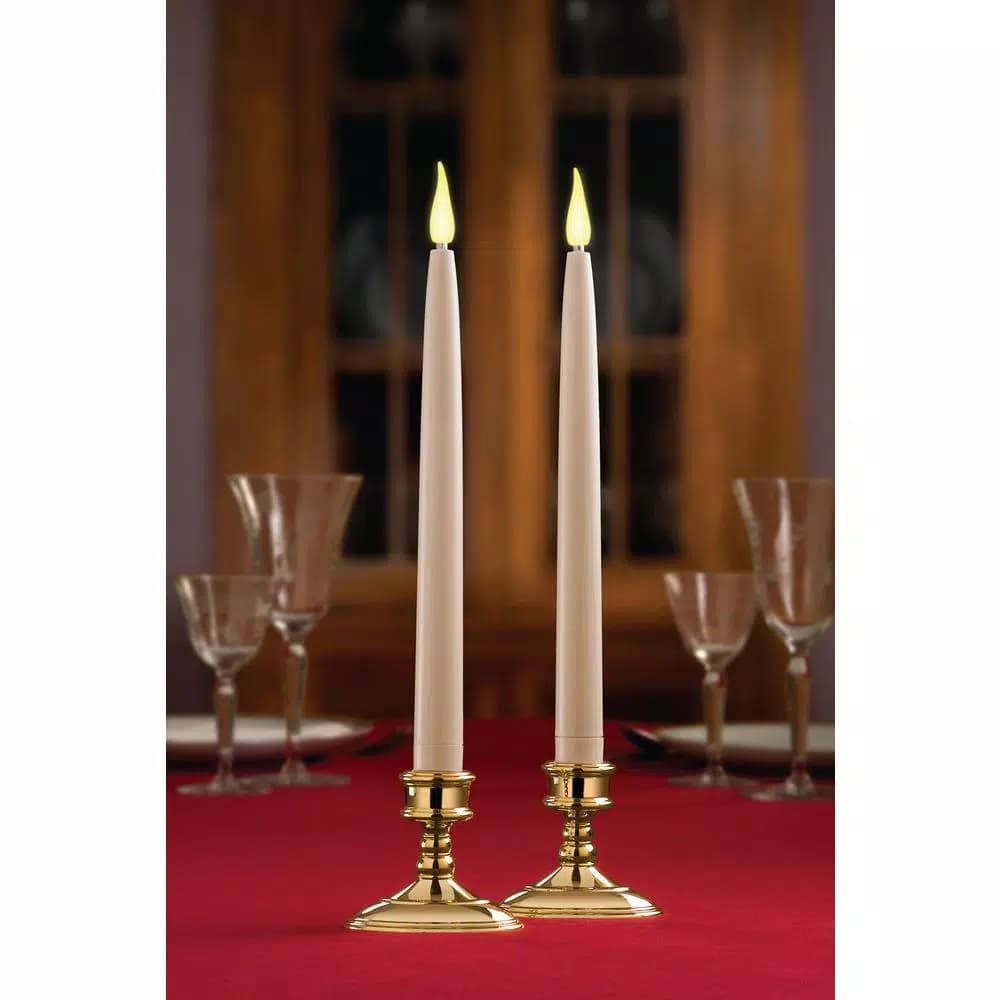 Xodus Innovations 12 in. Ivory Wireless LED Taper Candles with Brass Finish Base and Amber Flame (2-Pack)