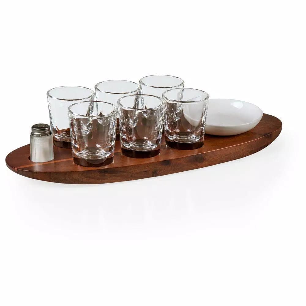 Picnic Time Cantinero Acacia Wood Shot Glass Serving Tray Set - 9 Piece