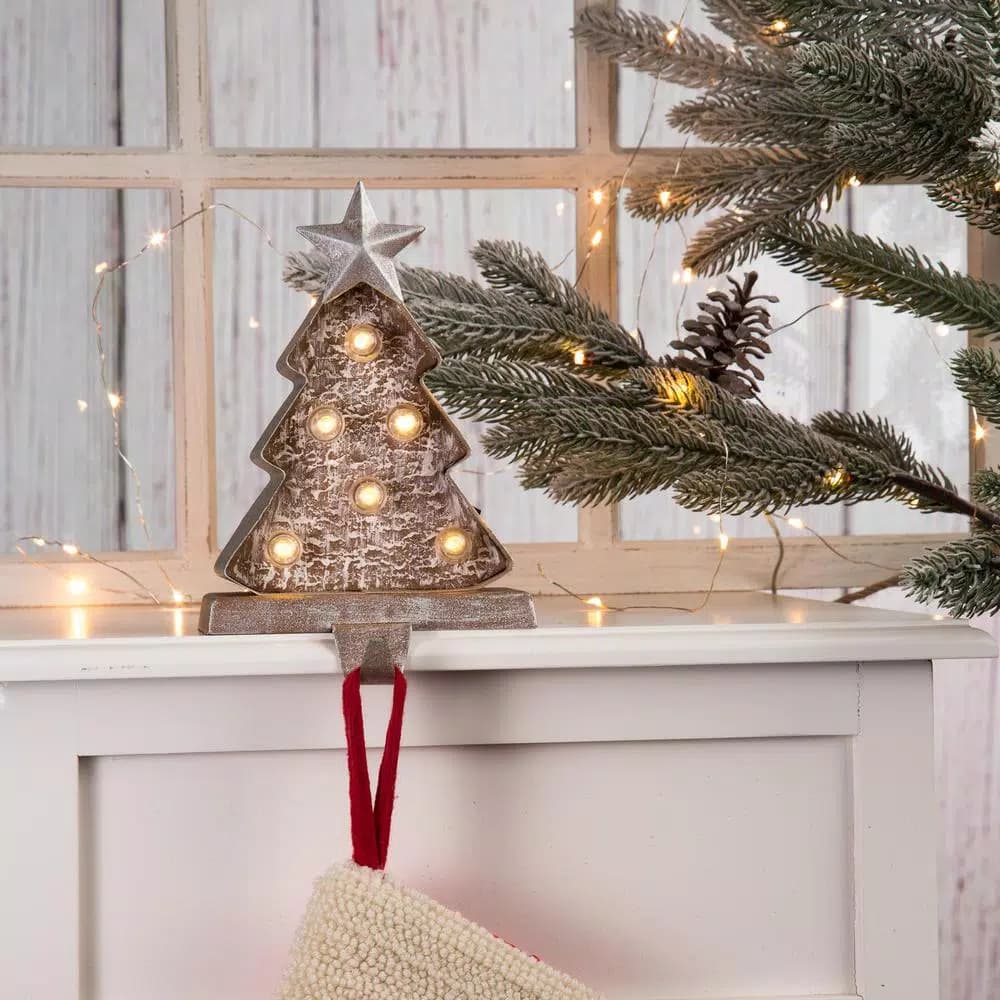 Glitzhome 7.5 in. Marquee LED Christmas Tree Stocking Holder - Wooden & Metal Holiday Decor