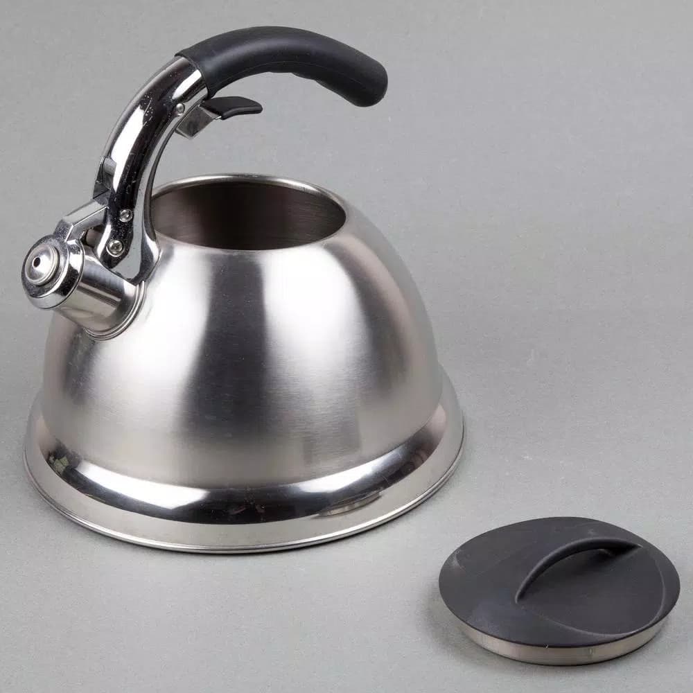 Creative Home Avalon 12-Cup Stainless Steel Whistling Tea Kettle with Lever Pour System, Silver