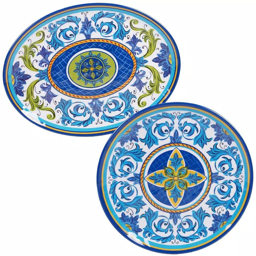 Certified International Lucca 2-Piece Melamine Platter Set, Blue and Gold