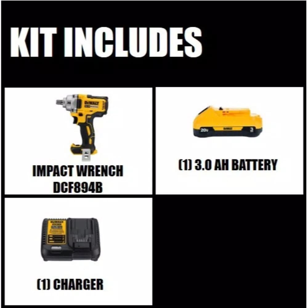 DEWALT 20V MAX XR 1/2 in. Mid-Range Brushless Cordless Impact Wrench Kit with 3.0Ah Battery & Charger