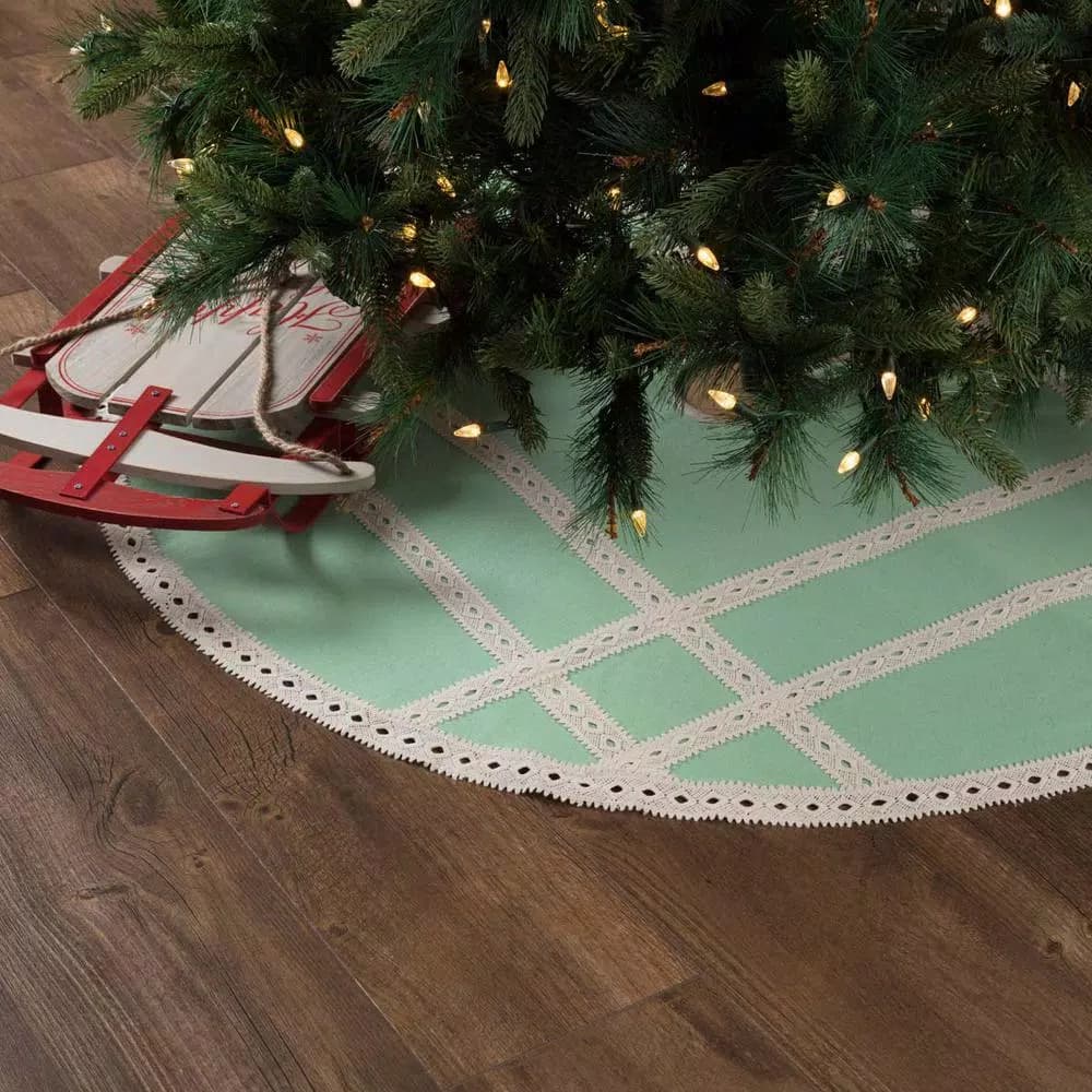 VHC Brands 48 in. Mint Margot Farmhouse Christmas Tree Skirt with Diamond Lace and Chambray