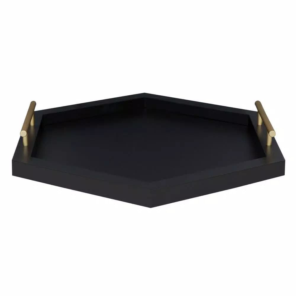 Kate and Laurel Halsey Black Hexagon Decorative Wooden Tray with Gold Metal Handles
