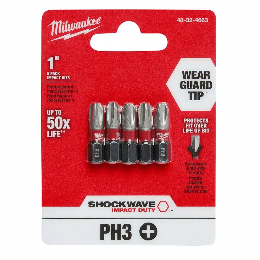 Milwaukee SHOCKWAVE 1 in. #3 Phillips Impact Duty Steel Insert Bits, 5-Pack