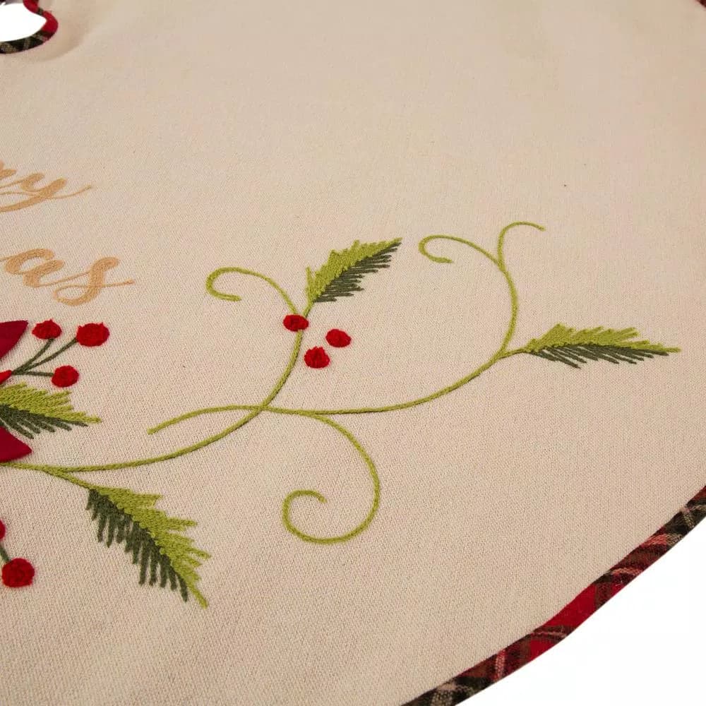 Glitzhome 48 in. Poinsettia Fabric Christmas Tree Skirt with Holly and Red Berries