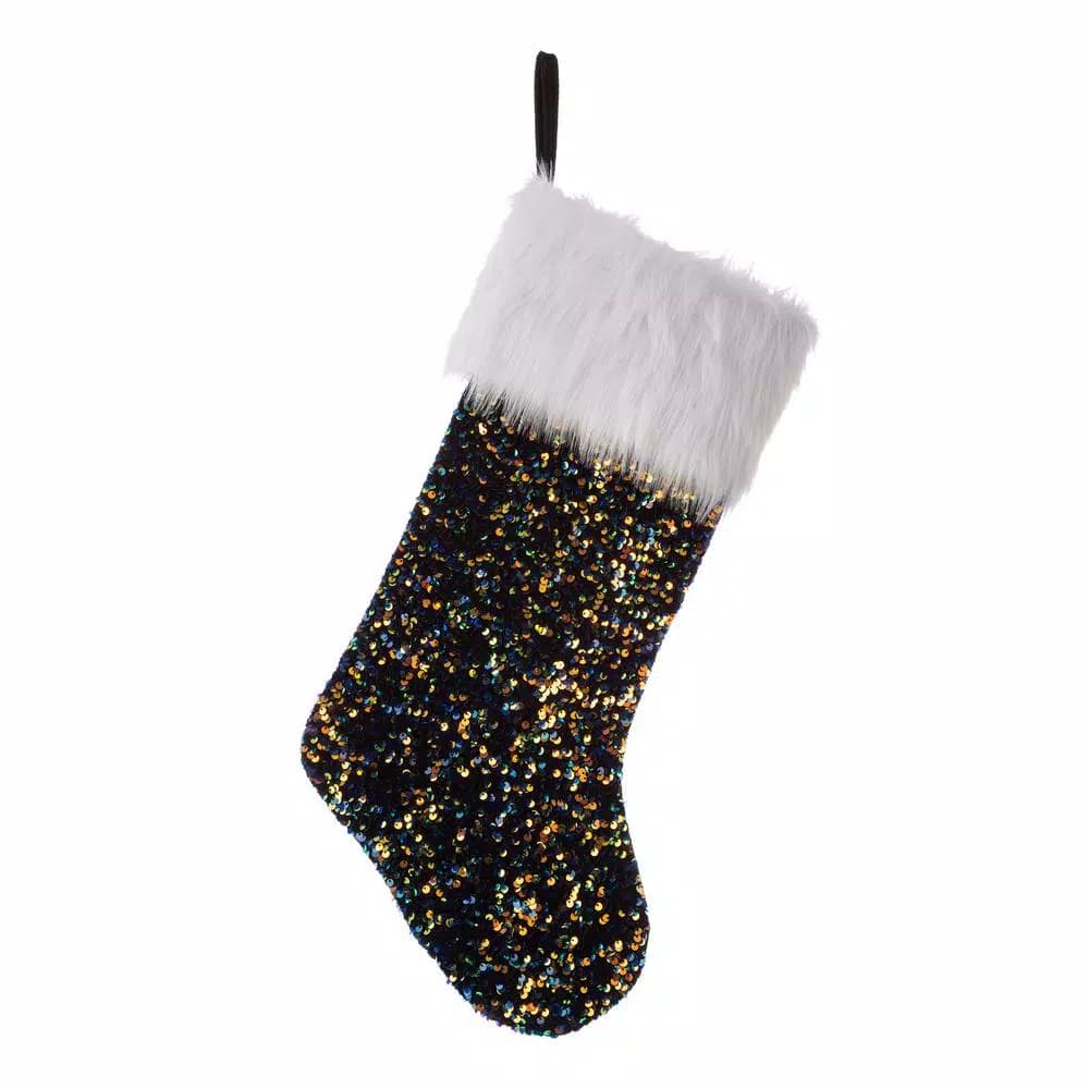 Glitzhome 21 in. Navy Blue Sequin Christmas Stocking with White Faux Fur Cuff