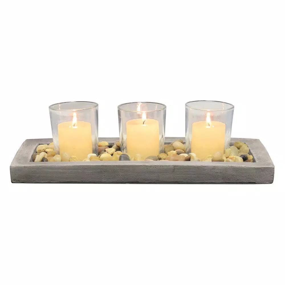 Stonebriar Collection 5 in. Cement Votive Candle Holder Set with Tray and Pebbles