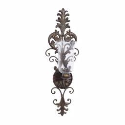 LITTON LANE Antique Gold Flourished Iron Candle Sconce with Clear Glass Hurricane Shade thumbnail 1