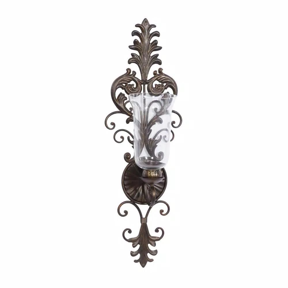 LITTON LANE Antique Gold Flourished Iron Candle Sconce with Clear Glass Hurricane Shade