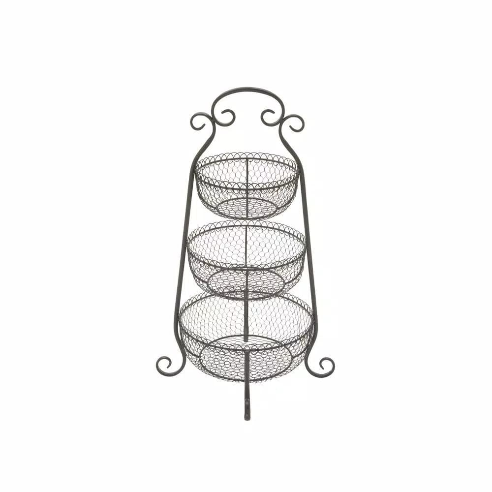 LITTON LANE New Traditional 3-Tier Black Wrought Iron Decorative Basket Tray Stand