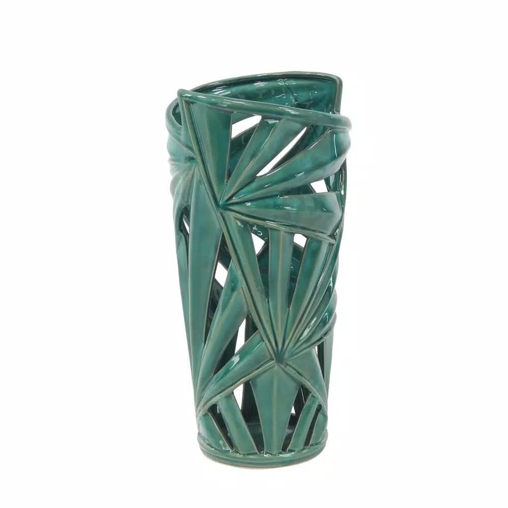 CosmoLiving by Cosmopolitan 16 in. Emerald Green Ceramic Palm Leaf Decorative Vase - Modern Coastal Stoneware