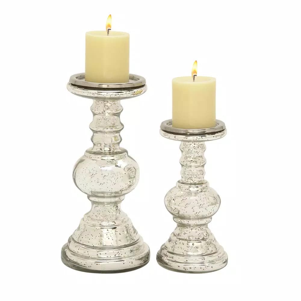 LITTON LANE Silver Glass Squat Ball Column Candle Holders, Set of 2