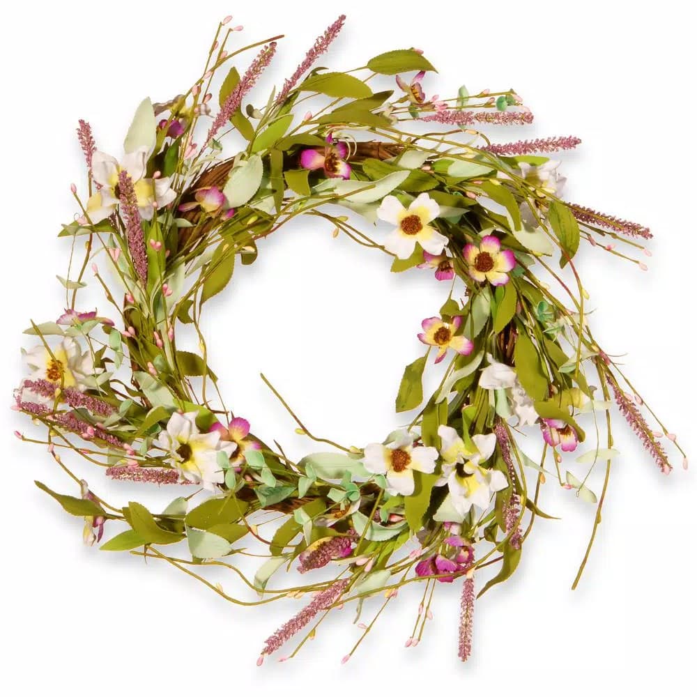 Unbranded 22 in. Purple and White Spring Floral Wreath with Lavender, Verbena, and Clematis