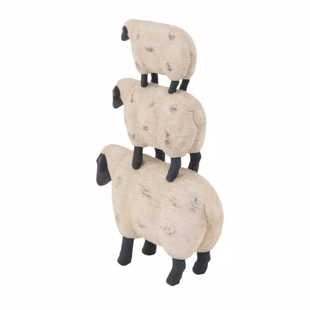 LITTON LANE 3-Stacked Sheep Polystone Sculpture - Off White Farmhouse Decor