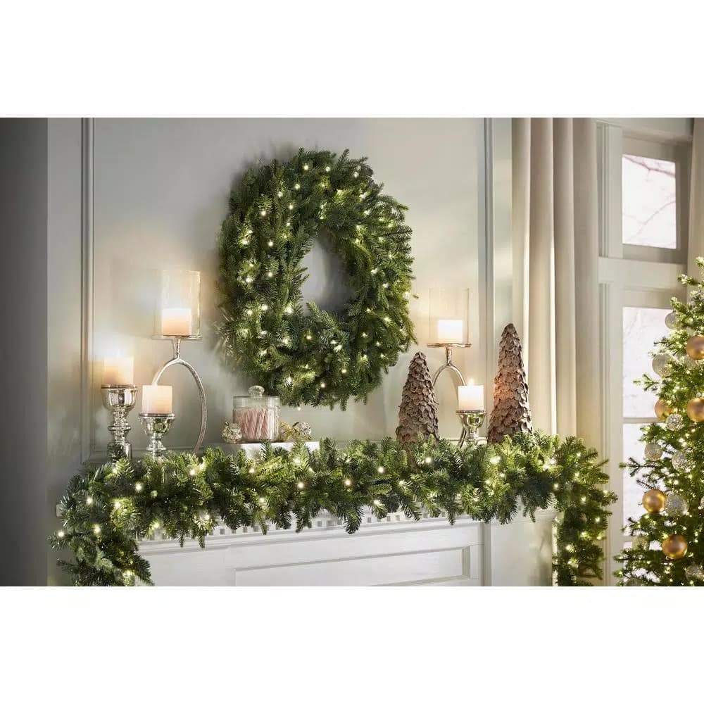 Home Accents Holiday 12 ft. Pre-Lit Norway Garland with 70 Warm White LED Lights, Battery Operated