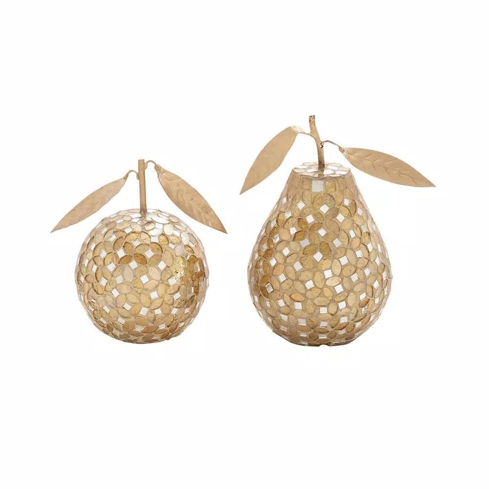 LITTON LANE Modern Reflections Gold and Silver Glass Mosaic Apple and Pear Decor Set of 2
