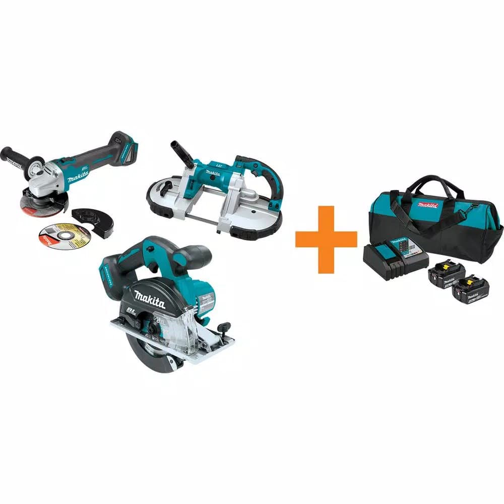 Makita 18V LXT Brushless Metal Cutting Combo Kit: Angle Grinder, Portable Band Saw, Metal Cutting Saw & 5.0 Ah Battery