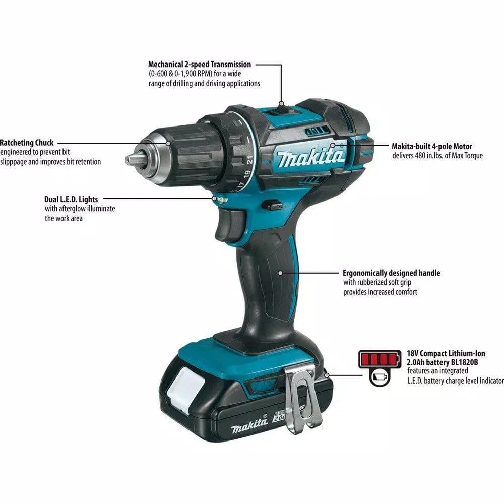Makita 18V LXT Cordless 1/2 in. XPT Drill/Driver Kit with Two 2.0 Ah Batteries, Charger, and Hard Case