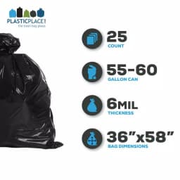 Plasticplace 6.0 Mil Black Contractor Trash Bags, 55-60 Gallon, 36 in. x 58 in., Gusset Seal, 20-Case Pack thumbnail 3