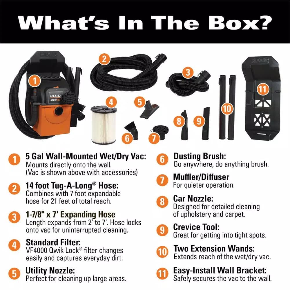 RIDGID 5 Gal. 5.0 Peak HP Portable Wall-Mountable Wet/Dry Shop Vacuum
