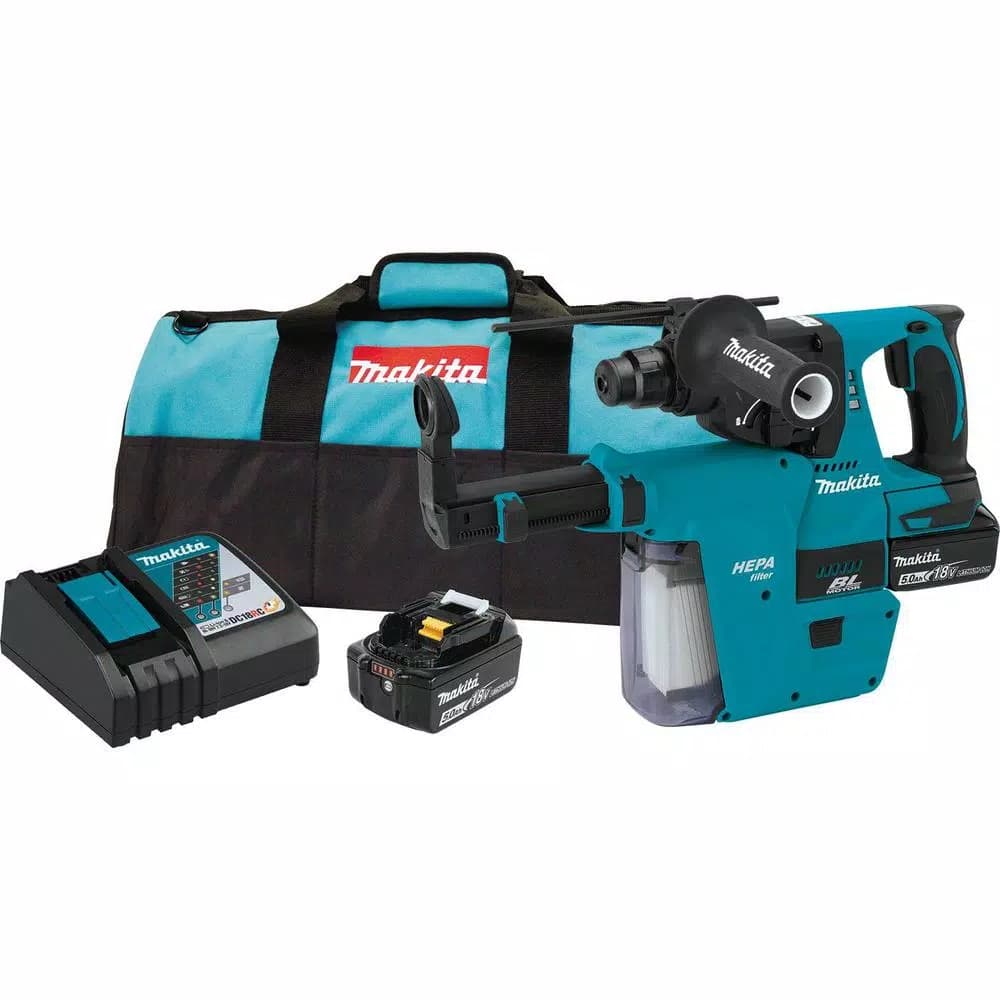 Makita 18V LXT Brushless SDS-Plus 1 in. Rotary Hammer Drill with HEPA Vacuum Attachment, (2) 5.0Ah Batteries & Charger