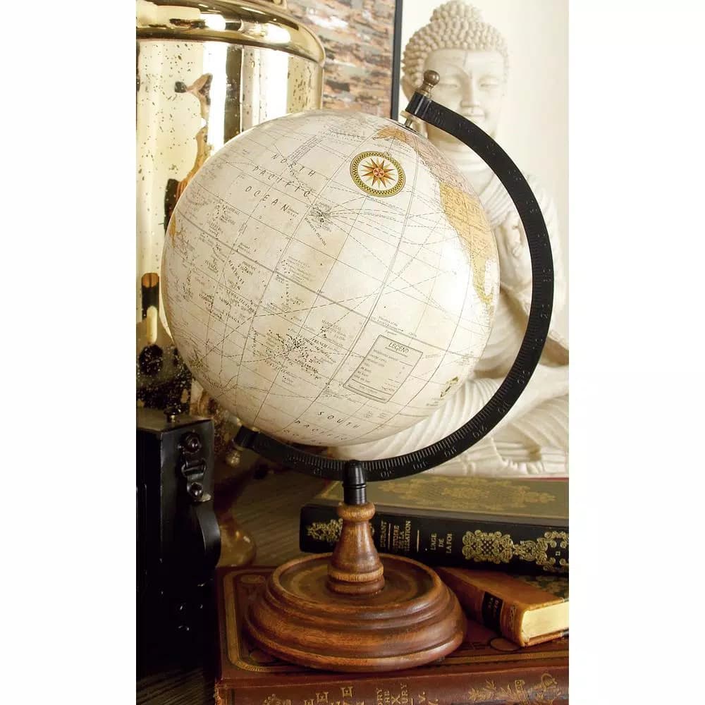 LITTON LANE Nautical Decorative Sepia Globe with Mango Wood Base and Iron Meridian