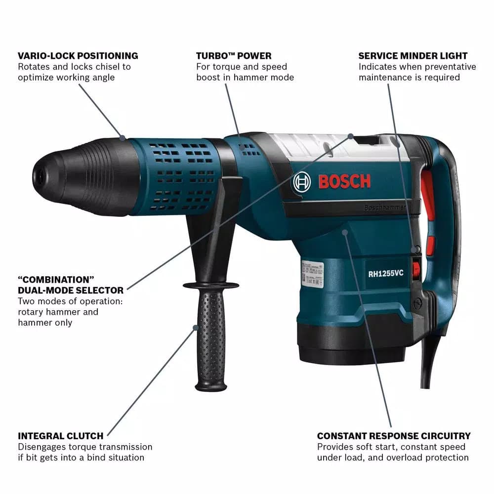 Bosch RH1255VC 15 Amp 2 in. SDS-Max Corded Variable Speed Rotary Hammer Drill with Case