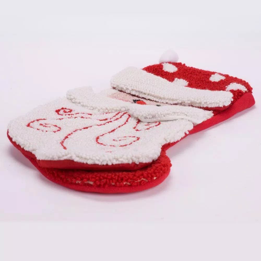 Glitzhome 20 in. Handmade 3D Santa Hooked Christmas Stocking - Red & White