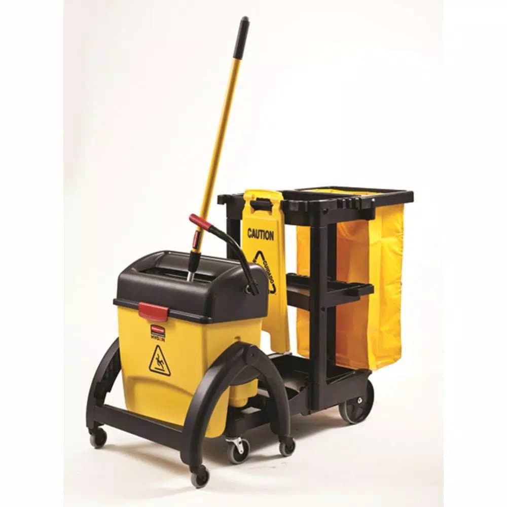 Rubbermaid Commercial Products Commercial Plastic Cleaning Cart with 3 Shelves and Zippered Yellow Vinyl Bag