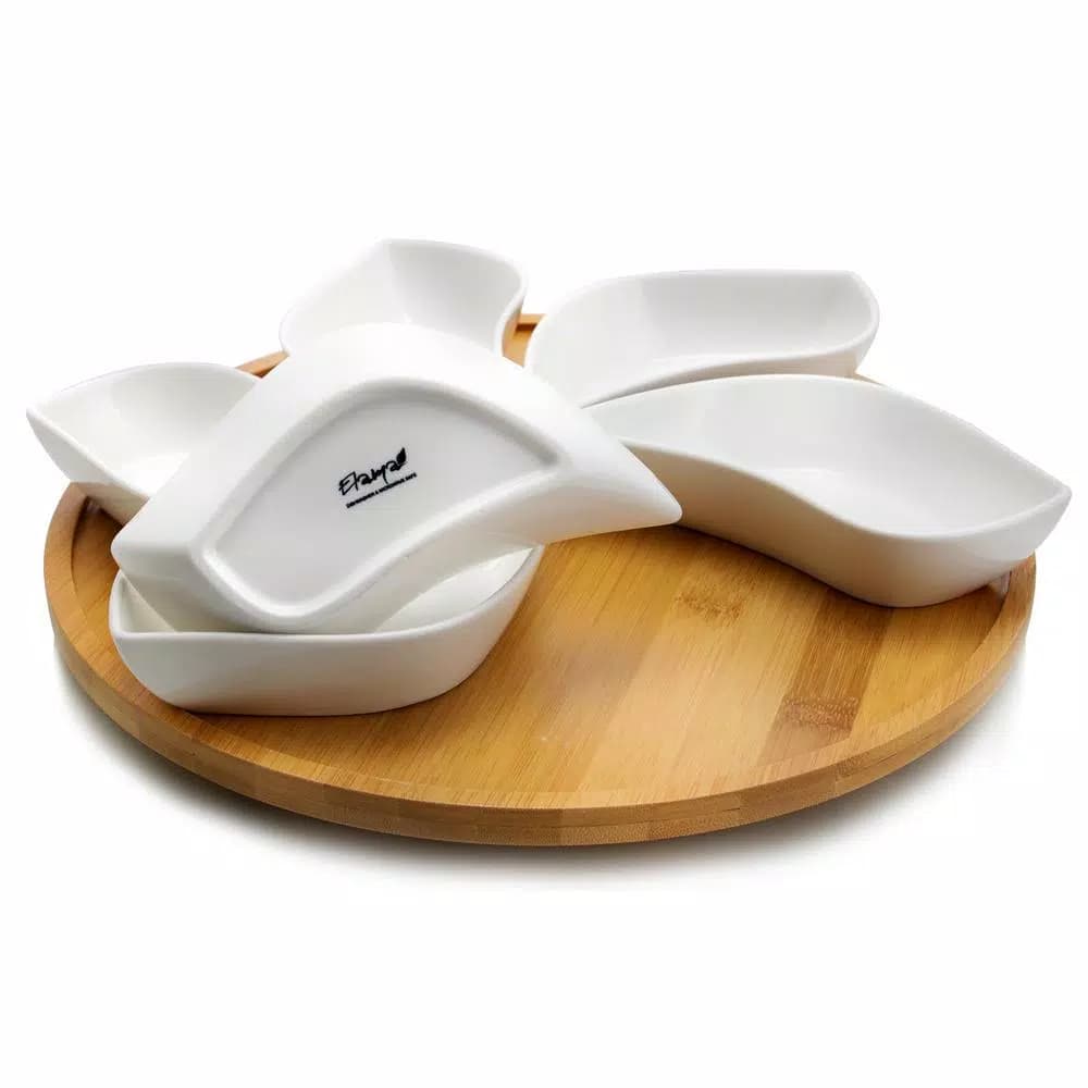 Elama Signature Collection Stoneware Appetizer Set with Bamboo Lazy Susan Tray
